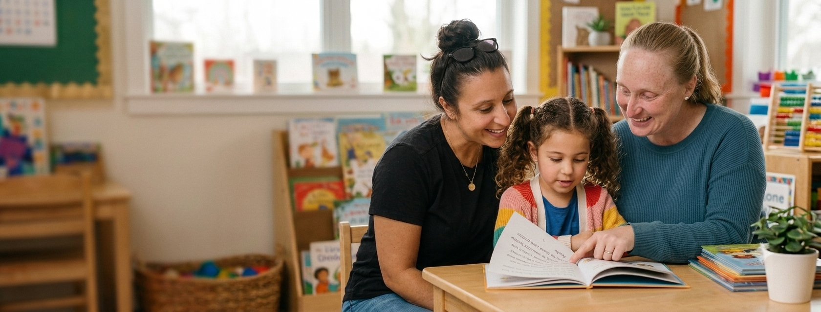 Two teachers reading a picture book with a young child in a bright classroom